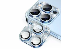 Защитная накладка на камеру iPhone 13 Pro/13 Pro Max 3D со стразами голубая
