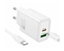 СЗУ-1USB+1USB-C Hoco N61, PD20W,QC3.0 + кабель Type-C to Lightning белый